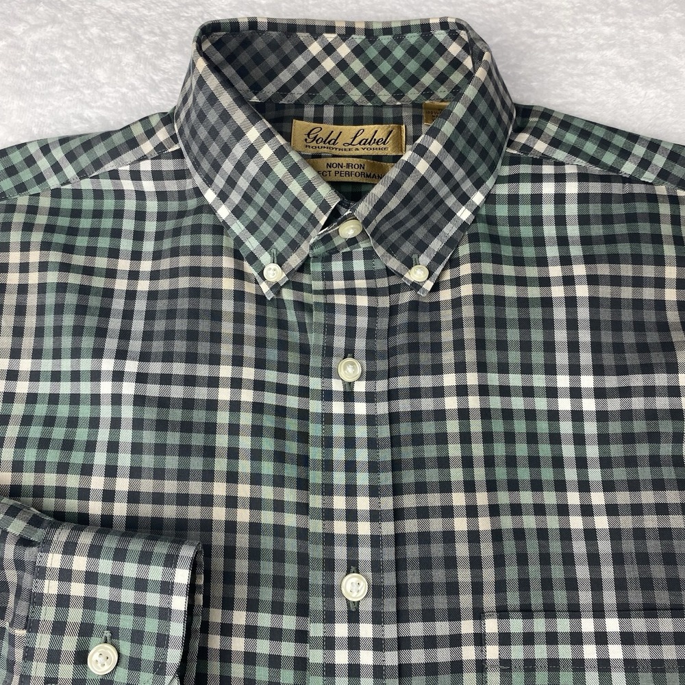 Roundtree & Yorke Gold Label Shirt Mens Medium Green/Beige Checks No‎ Iron